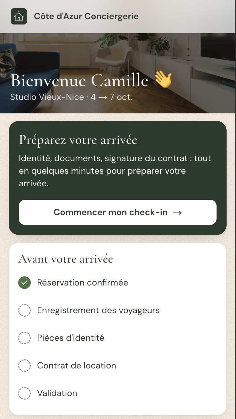 Portail voyageur HeyTia : préparer son arrivée et commencer le check-in, avec informations des voyageurs, pièces d’identité, contrat de location et validation.